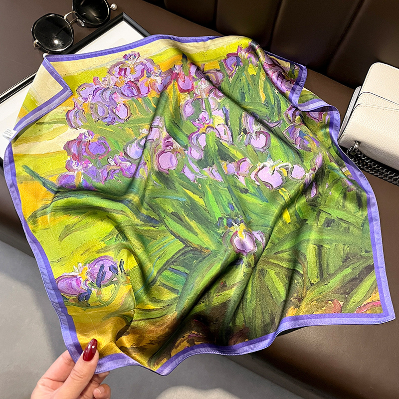 Fresh and Retro Pastoral Spring and Summer Purple Tulip Silk Scarf Women's 53 Square Scarf Neck Scarf Shirt