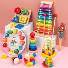 早教幼儿拨浪鼓时钟套柱木制玩具沙球组合套装摇铃婴儿音乐玩具