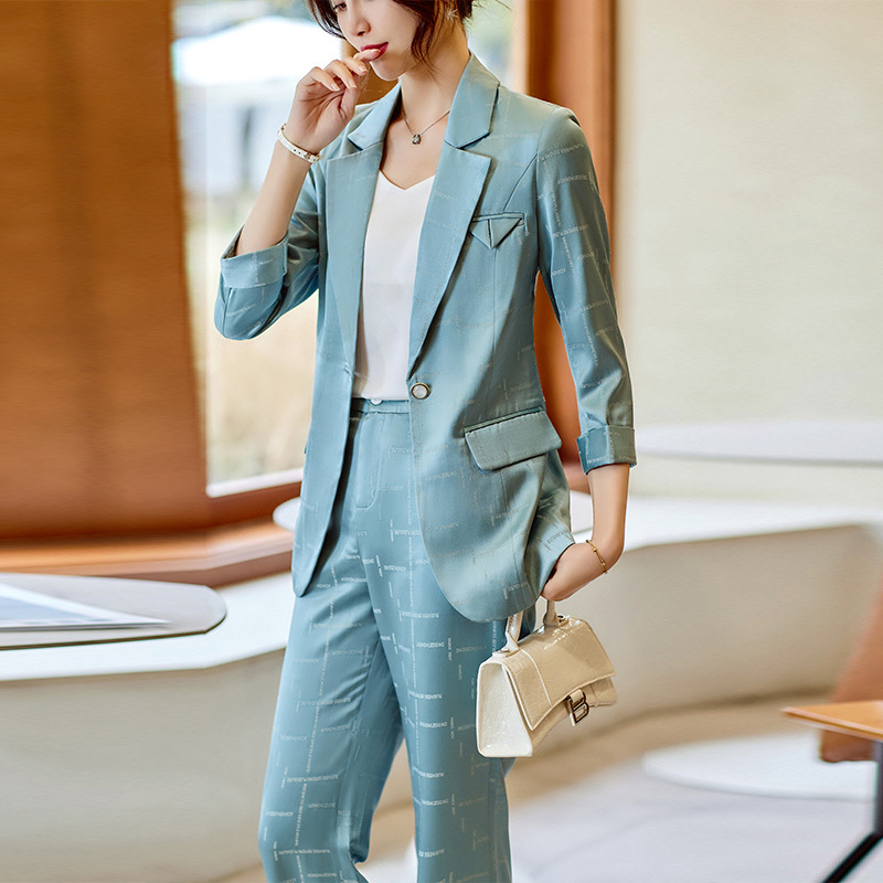 七分袖小西服套装职业套装通勤开会出差会客业务经理老板春款提花