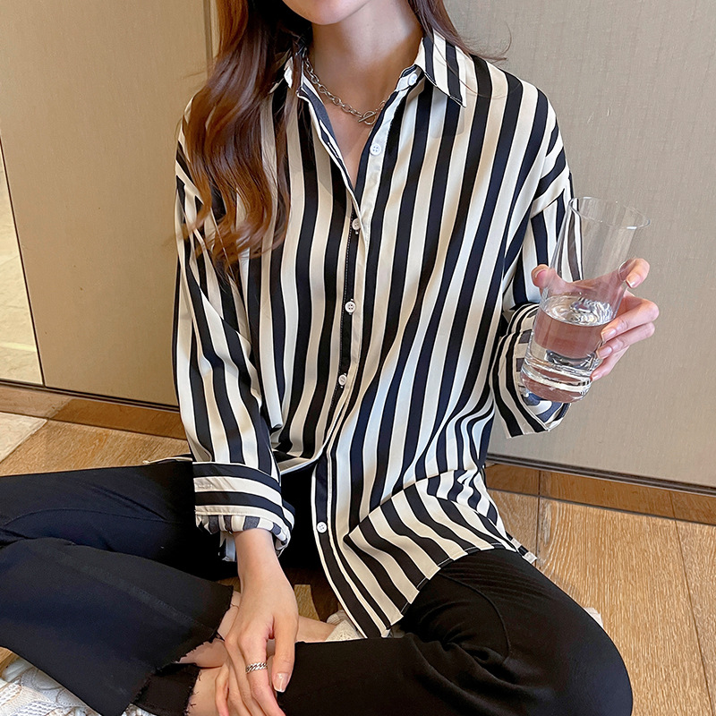 黑白条纹衬衫女2021春秋新款复古港味上衣轻熟设计感小众雪纺衬衣