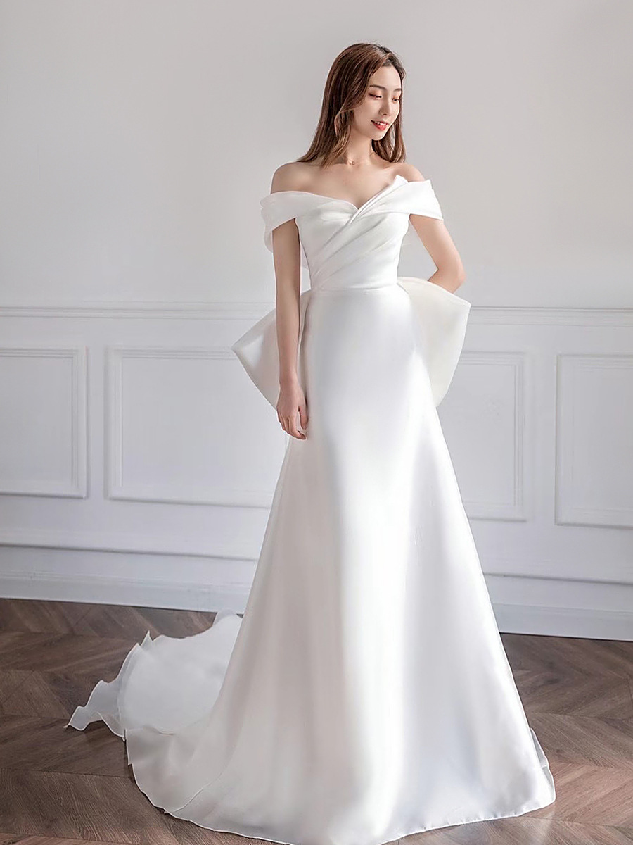 tjvj【纯洁】超仙梦幻简约轻纱一字肩婚纱礼服新娘修身鱼尾主婚纱