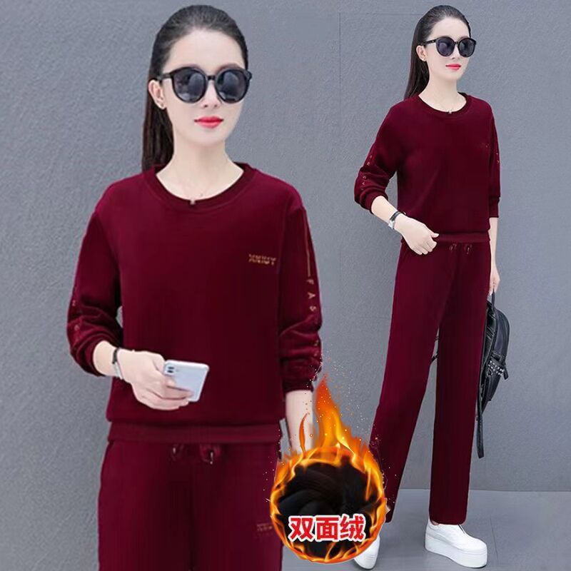 套装女卫衣加绒加厚2024冬季新款时尚双面金丝绒洋气运动服两件套