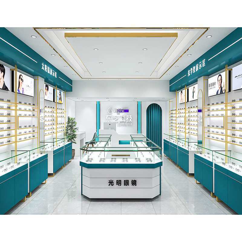 眼镜柜太阳眼镜店展示柜墨镜金色铁艺框展示架烤漆蓝色玻璃中岛柜