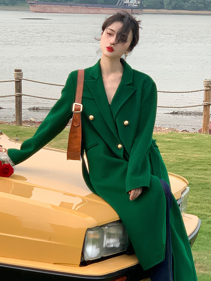气质港风复古女冬加厚羊毛双面呢子大衣绑带中长款翠绿色羊绒外套