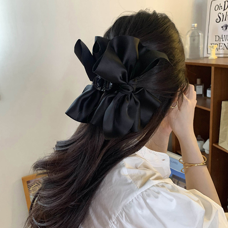 Internet Hot Korean Style Oversized Double-Sided Bow Claw Clip Black Satin Fluffy Feeling Barrettes Back Head Hairpin Hair Ornaments