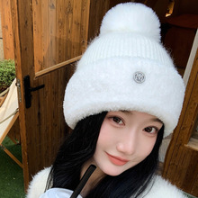 韩版新款毛绒毛线帽女秋冬保暖百搭显脸小针织帽带毛球兔毛套头帽