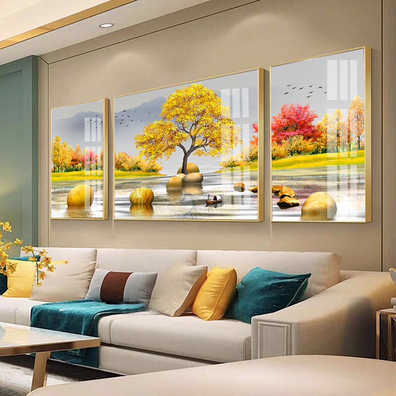 客厅装饰画中式山水画风水靠山现代简约挂画沙发背景墙三联壁画