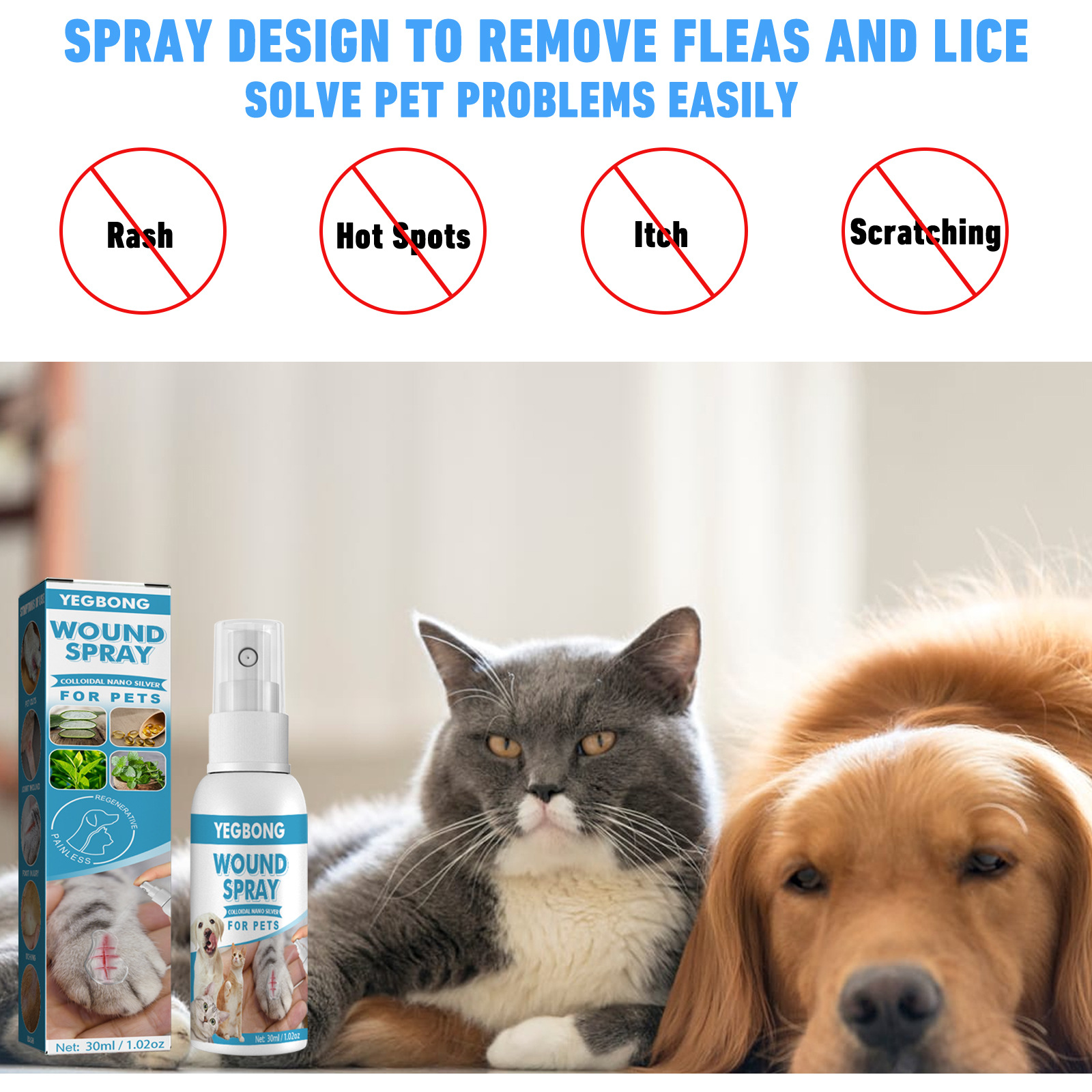 Yegbong Pet Wound Spray Dog and Cat Scratch Wound Wound Treatment Skin Rash Moss Repair and Resist Bacteria Liquid