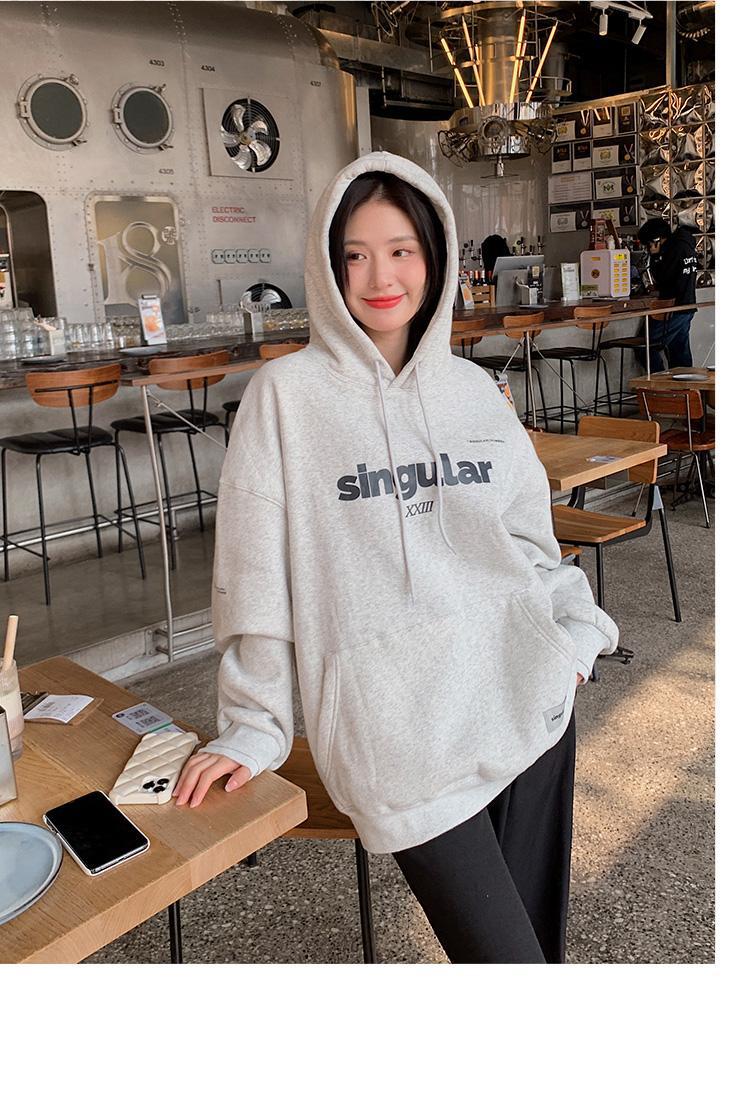 2022年春秋季新款宽松显瘦连帽卫衣女时尚灰色慵懒风复古上衣外套