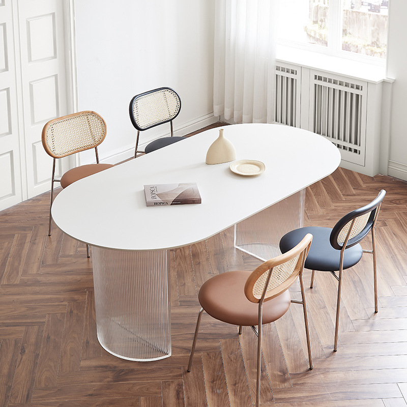 亚克力悬浮网红纯白岩板餐桌家用小户型现代半圆形岛台侘寂风桌子