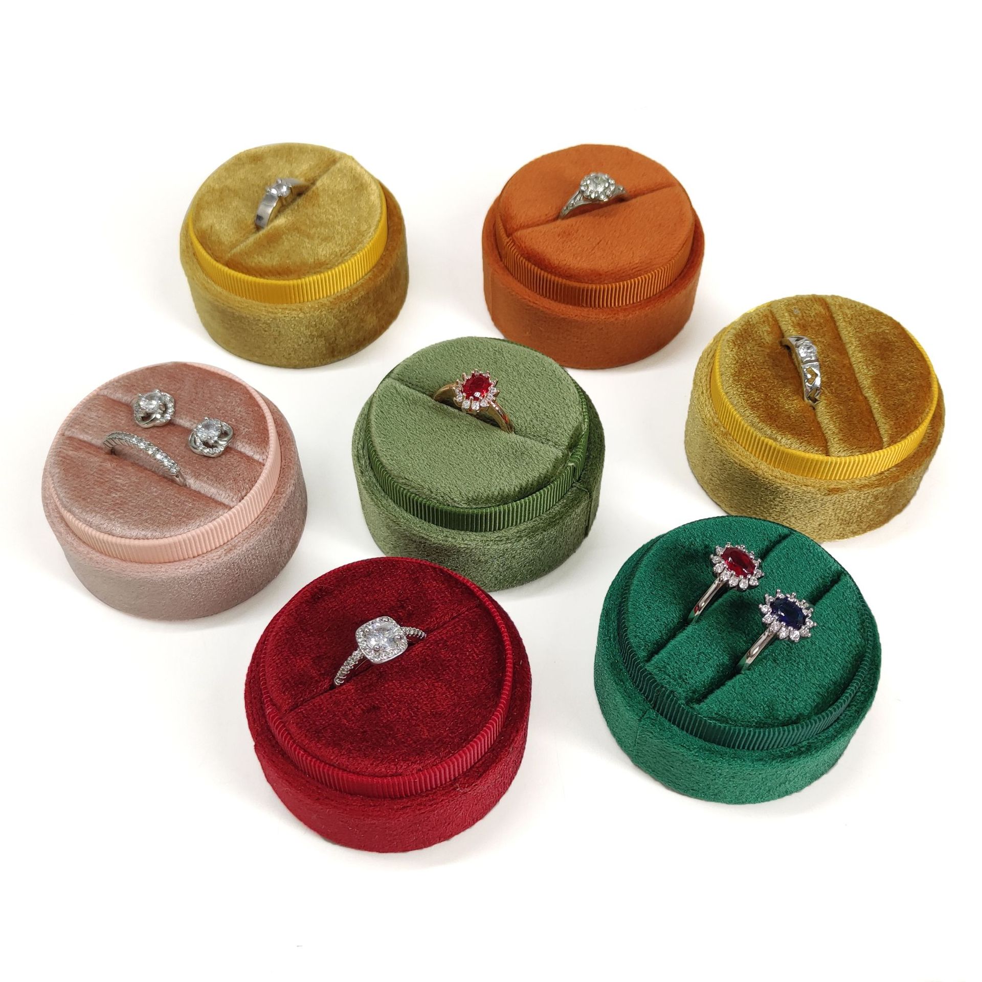 现代情侣求婚圆形天鹅绒戒指盒单戒双戒绒布首饰盒logo定制批发