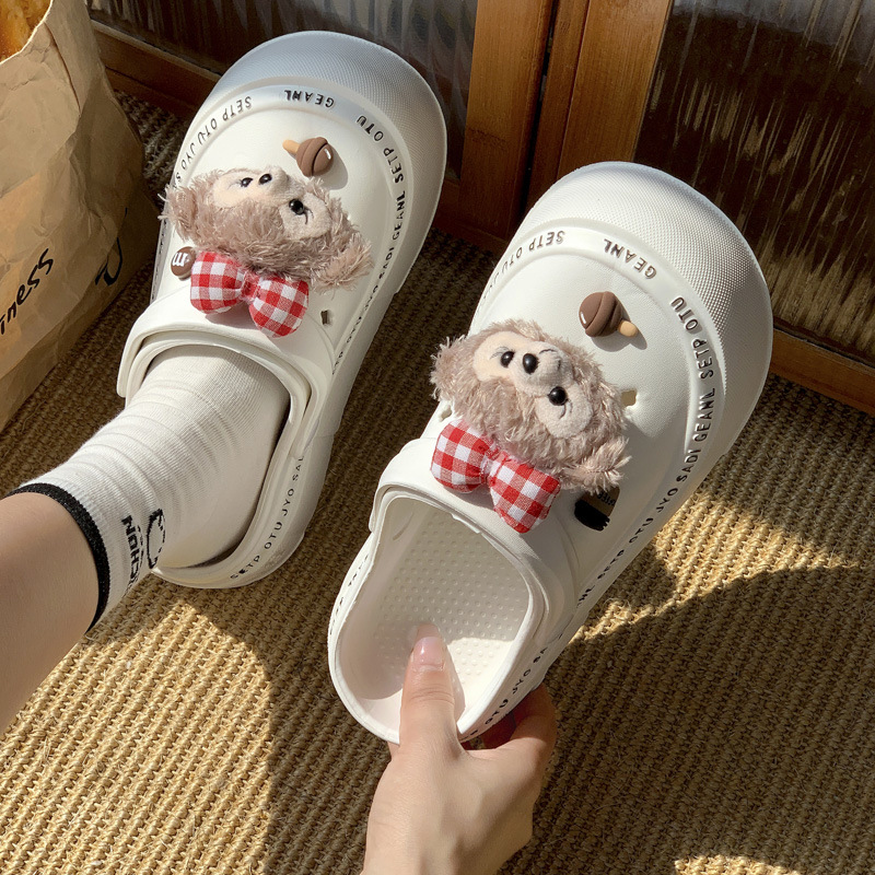 新款卡通雪莉玫小熊花园洞洞鞋女夏季室内厚底增高防滑透气凉拖鞋