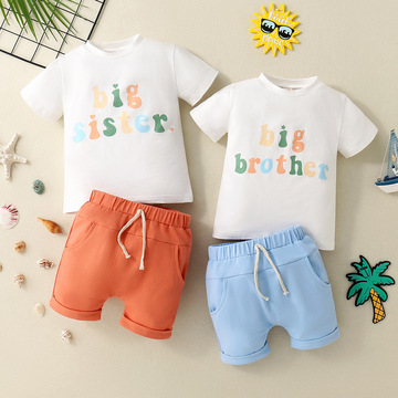 跨境儿童短袖套装新款夏季男童纯棉t恤夏装短裤宝宝衣服男女童套