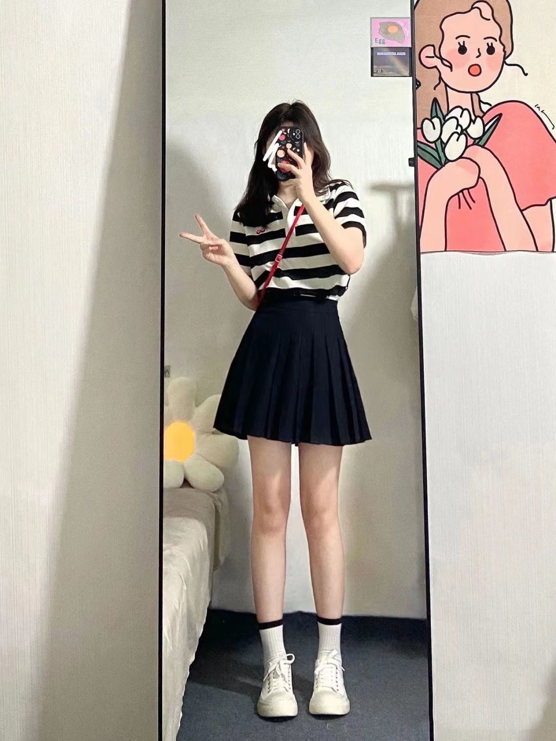 含棉新款茶系穿搭一整套条纹polo衫百褶裙学生休闲甜美两件套女潮