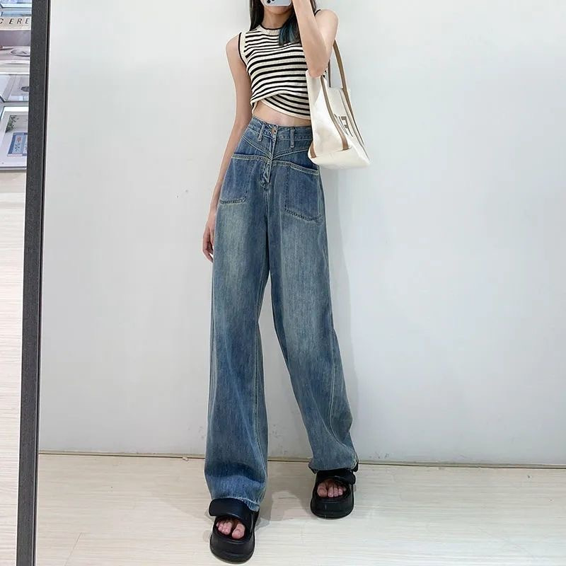 Foreign Trade American High Waist Jeans for Women 2023 Spring and Autumn New Hot Girls Loose plus Size Design Stitching Mop Pants