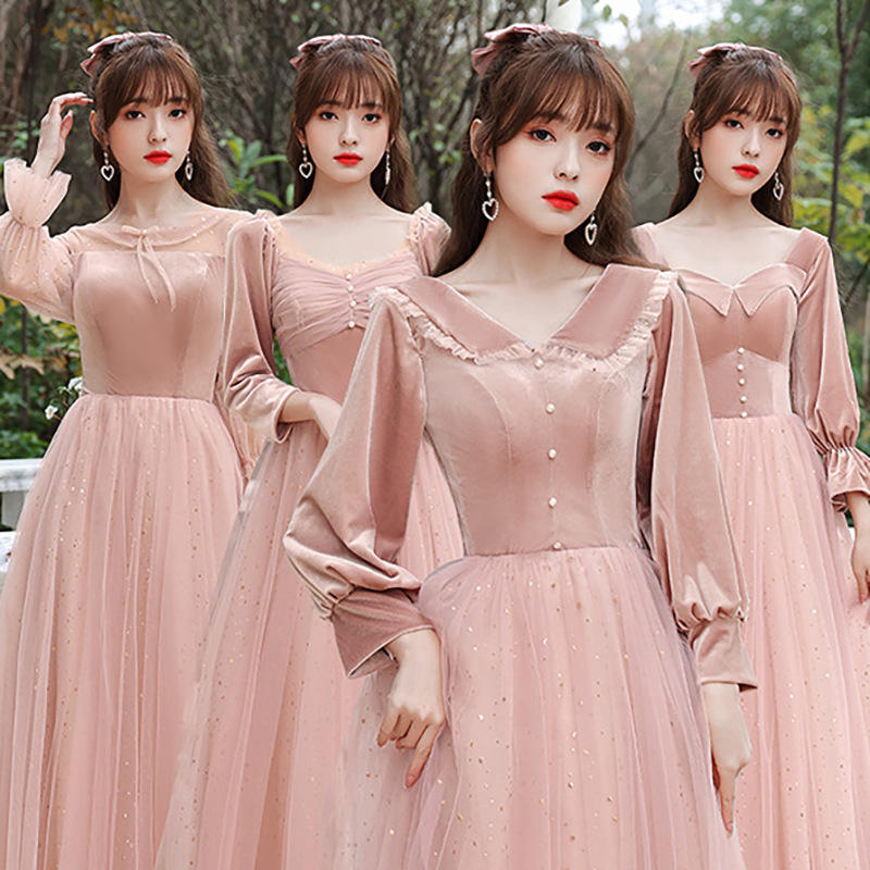 伴娘服粉色2021新款春秋季丝绒姐妹团伴娘礼服裙女长袖显瘦晚礼服