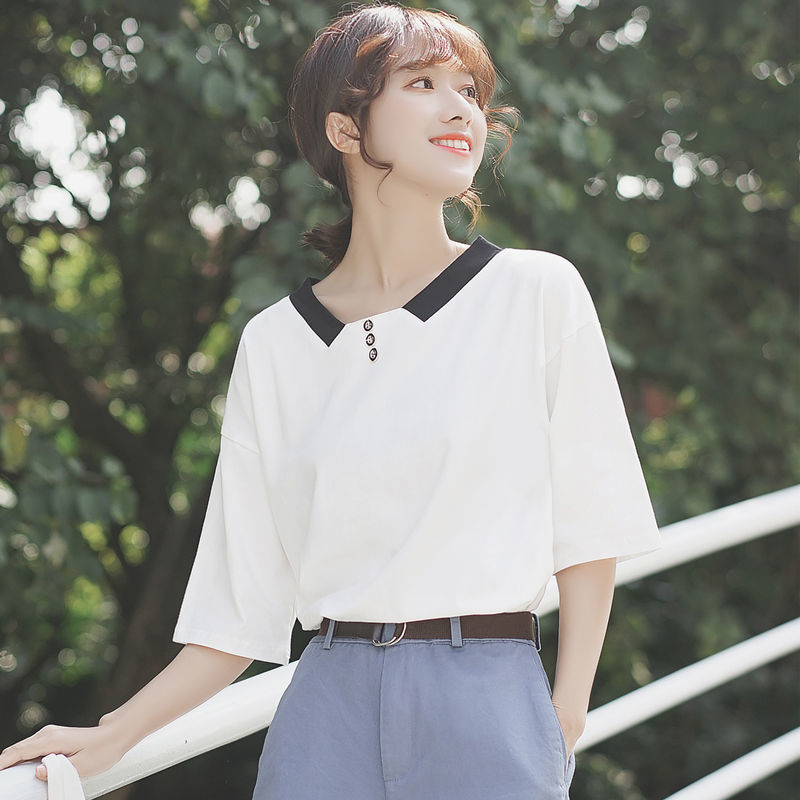 新款韩版宽松上衣ins潮学院风纽扣v领半袖t恤少女学生短袖t恤女夏