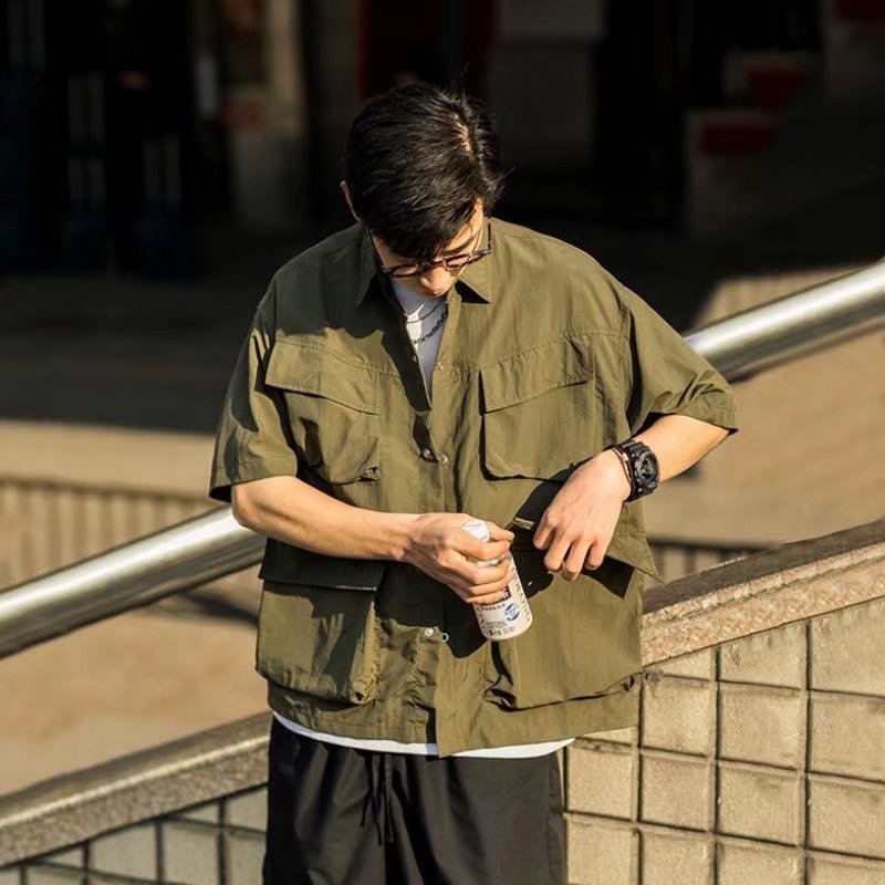 日系工装短袖衬衫男夏季潮流大码宽松黑色大口袋休闲半袖衬衣外套