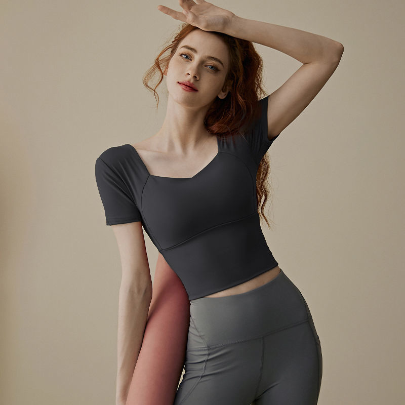 Summer New Yoga Wear Women's Short-Sleeved Slim Top with Chest Pad and Back Retro Square Collar Quick-Drying Running Sports