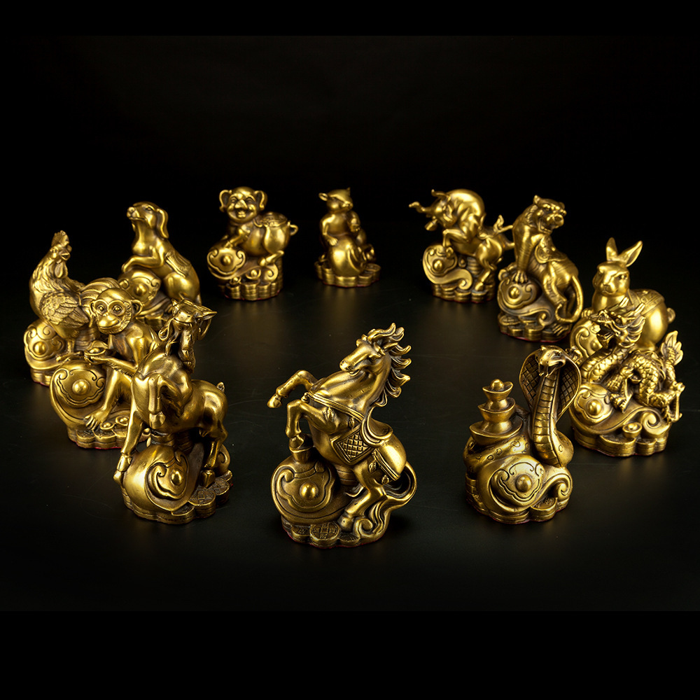 黄铜如意件十二生肖吉祥物家居工艺品鼠牛虎兔龙蛇马羊猴鸡狗猪等