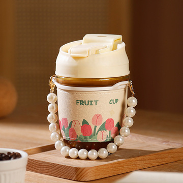 网红高颜值玻璃杯女生便携可爱珍珠链水杯礼品双饮玻璃杯印logo