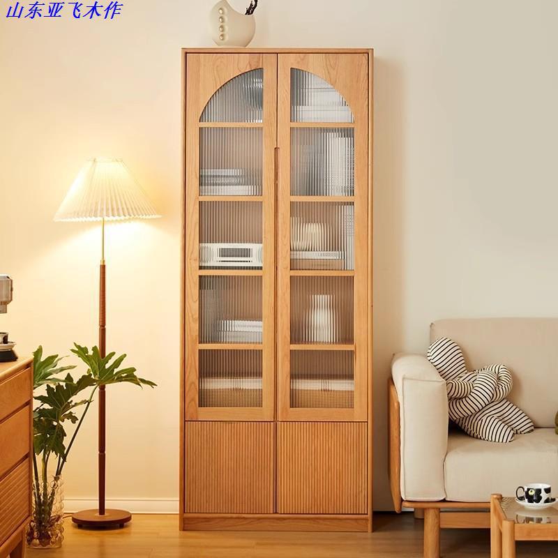 樱桃木日式全实木落地书架 黑胡桃组合书柜原木玻璃门收纳展示柜