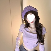 春夏季新款纯欲紫色不规则短袖T恤女辣妹性感紧身设计镂空短上衣