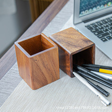 胡桃木笔筒日式创意实木收纳盒办公室桌面摆件木质笔筒天蓝原木色