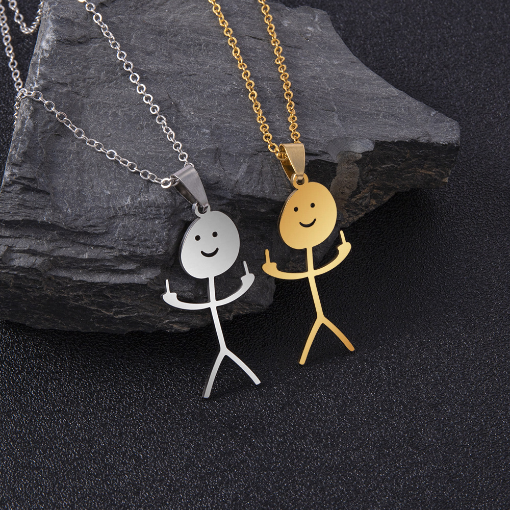 funny doodle necklace 有趣的涂鸦不锈钢项链 中指搞笑涂鸦小人