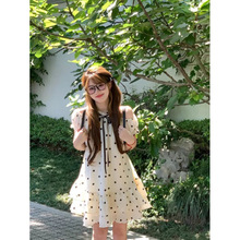波点连衣裙女夏季2025新款蝴蝶结露肩