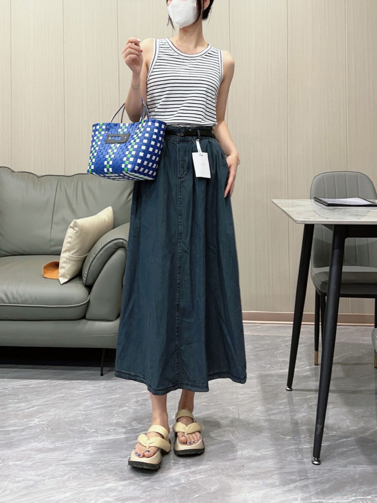 European Station CD Home Thin Soft Denim Skirt Female 23 Summer High Waist Slimming Umbrella Skirt with Belt Casual Dress