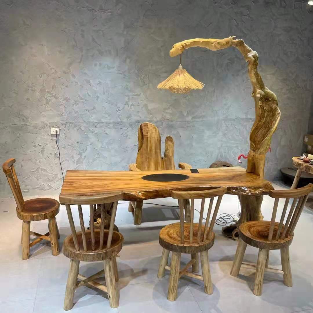 香樟木茶台原木根雕大板灯架桌原生态茶几家用小阳台茶桌椅组合
