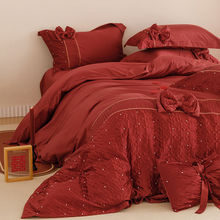 高档红色床上用品四件套纯棉床单被套婚床婚房布置结婚礼物送新人
