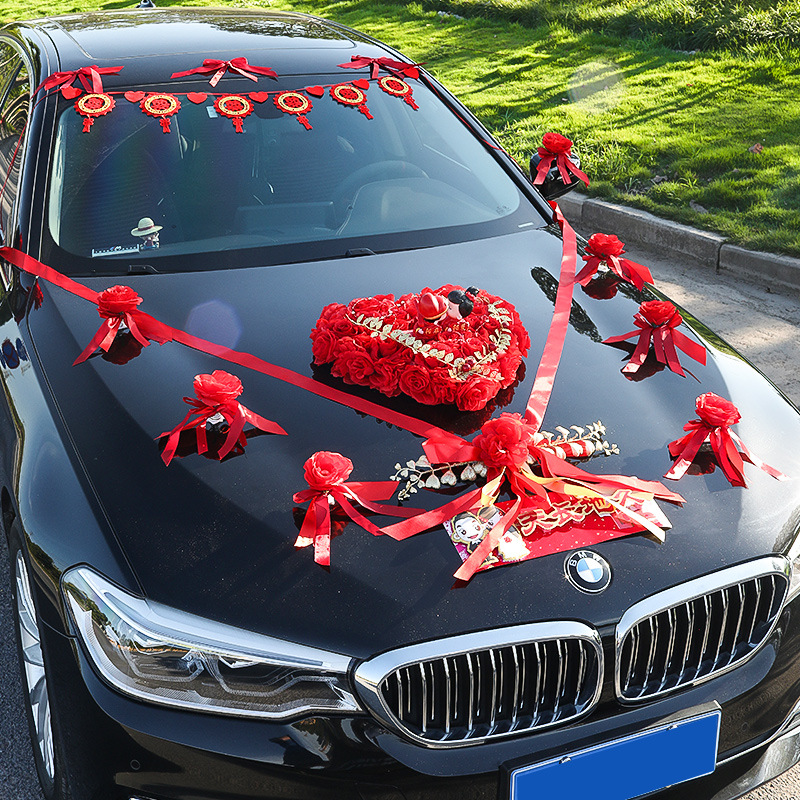 婚车主车装饰接亲副车头花汽车队拉花丝带布置新娘陪嫁车结婚迎亲