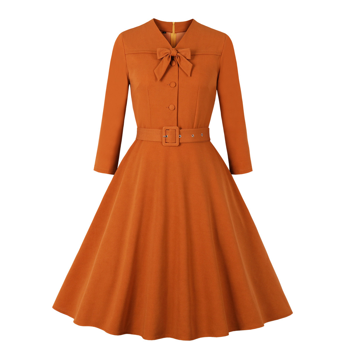 跨境女装2022秋冬外贸新品气质优雅收腰复古大摆纯色连衣裙子3076