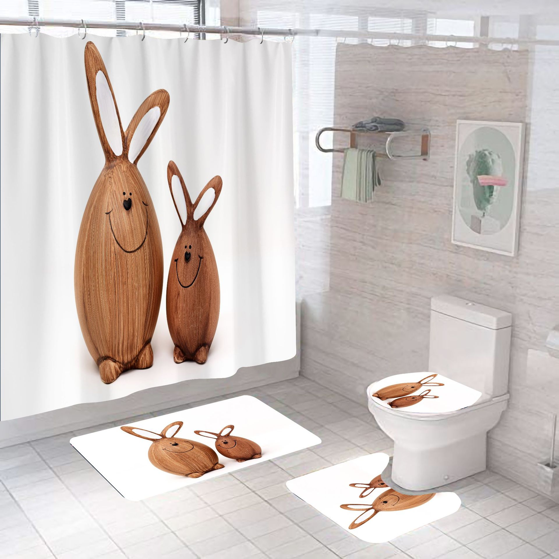 Cross-Border New Arrival Colorful Egg Rabbit Easter Shower Curtain Set Digital Printing Shower Curtain Punch-Free Shower Curtain Bathroom Curtain