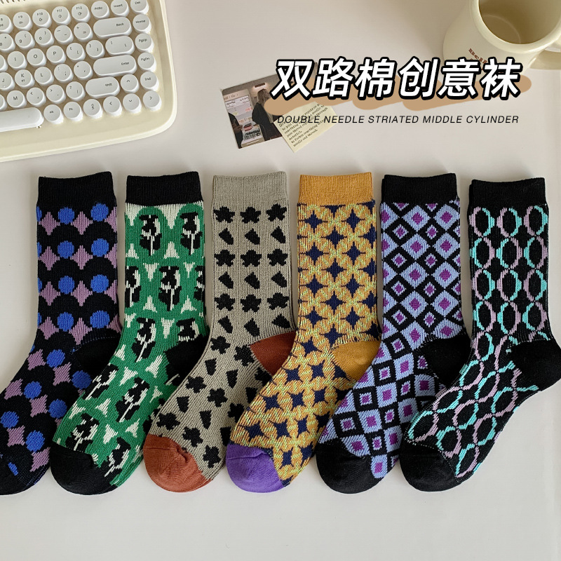 诸暨冬季袜子女批发中筒袜潮流百搭双针双路棉袜撞色长筒复古棉袜