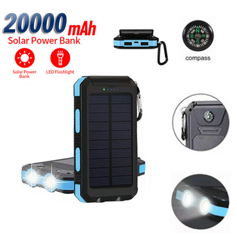 Amazon Cross-Border Solar Double Headlight Power Bank 20000mah Mobile Power Portable Waterproof Source Factory