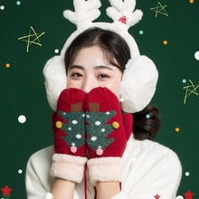 小鹿与树 全指毛线手套冬女韩版可爱圣诞节礼物学生加绒连指手套