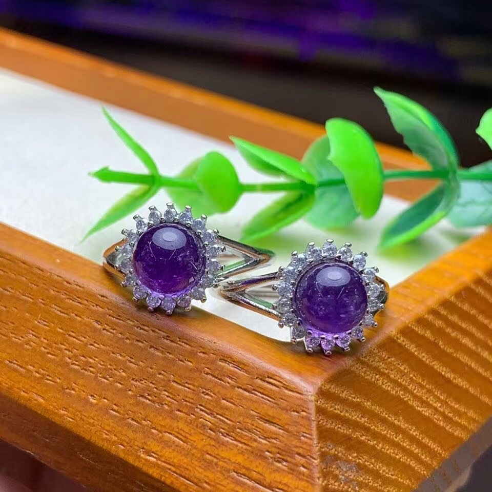 天然紫水晶戒指女 s925满钻镶嵌紫圆珠晶体通透时尚百搭首饰批发