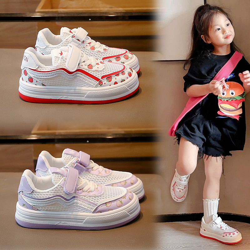 girls‘ shoes summer 2024 new children‘s sports board shoes girls‘ mesh breathable medium and big children single mesh white shoes