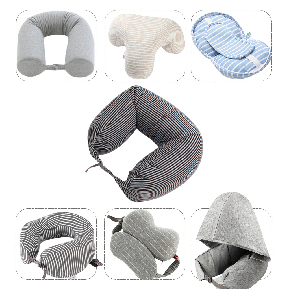 Amazon Simple Hooded Non-Printed U-Shape Pillow Japanese Multi-Functional Neck Pillow Cotton Striped Aircraft Nap Traveling Pillow