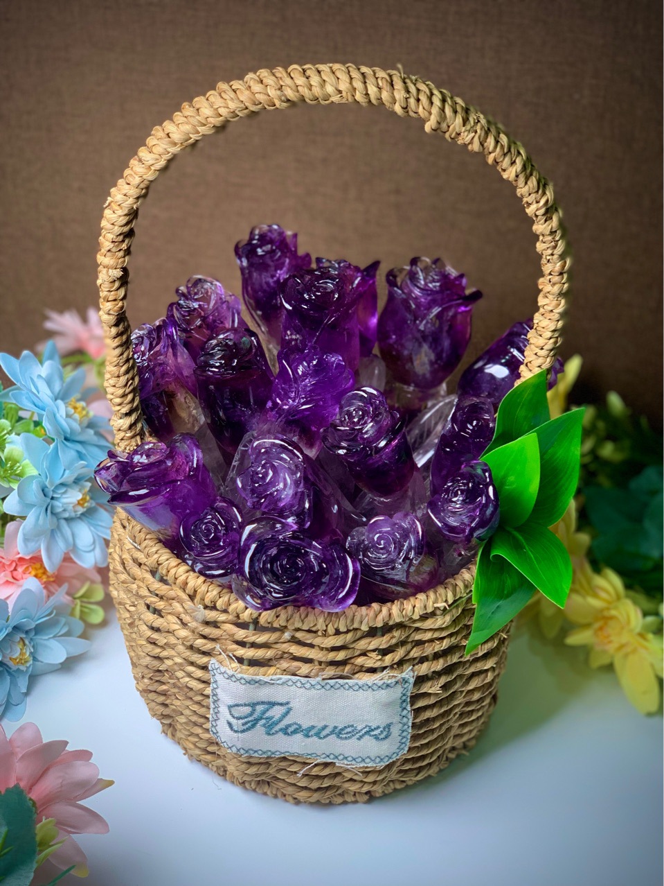 【戴强水晶】紫水晶玫瑰花摆件生日结婚周年纪念日礼品创意情人节