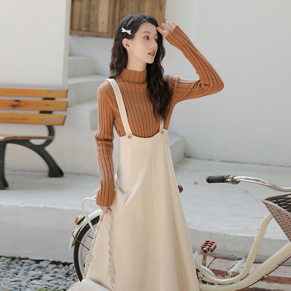 背带裙女秋冬秋装2021年新款法式气质复古毛呢吊带两件套长裙冬季