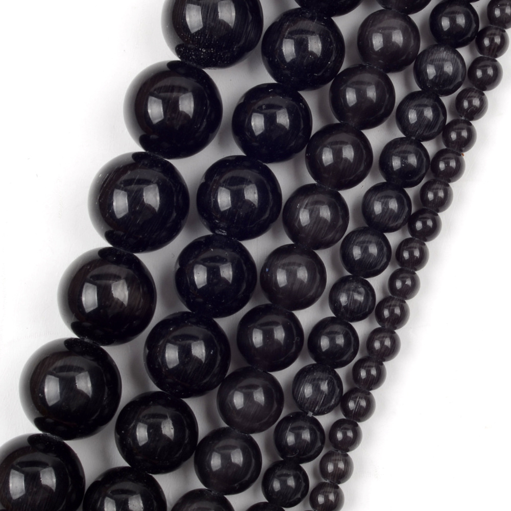 天然黑色猫眼石手工diy圆珠散珠串珠珠子半成品饰品配件材料批