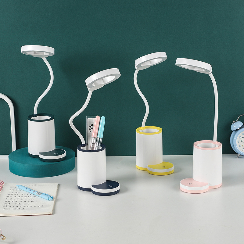触控圆形镂空笔筒台灯 手机架led充电3档调光夜灯少女心diy小台灯