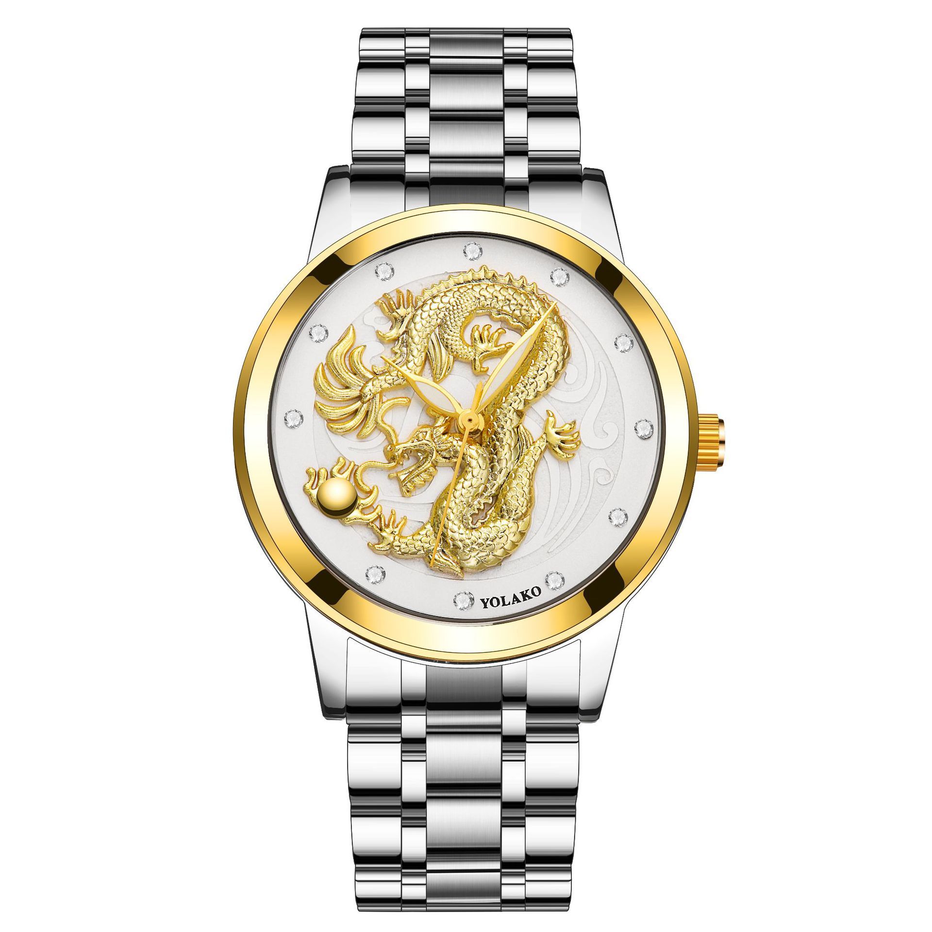 夜光指针男士龙表立体雕刻钢带潮流时尚商务金色表非机械石英男表