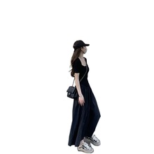 2024韩版显瘦黑色短袖洋装女夏款方领气质长款大摆裙长裙