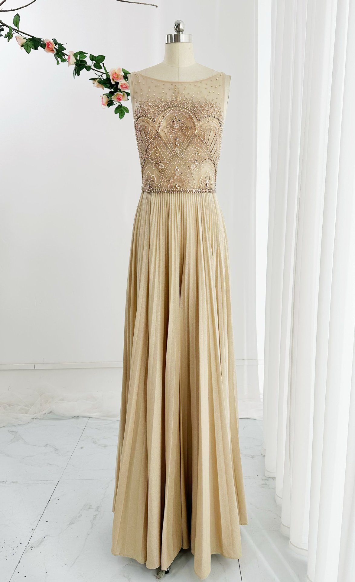 香槟色时尚气质钉珠无袖收腰显身材a摆简约长款晚礼服裙m2340