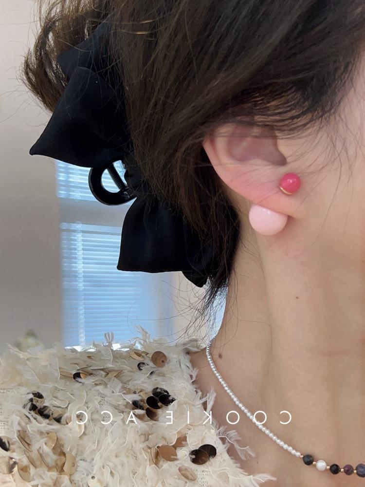 东菊韩国粉色耳饰感时尚复古法式双面珍珠耳环前小后大耳钉